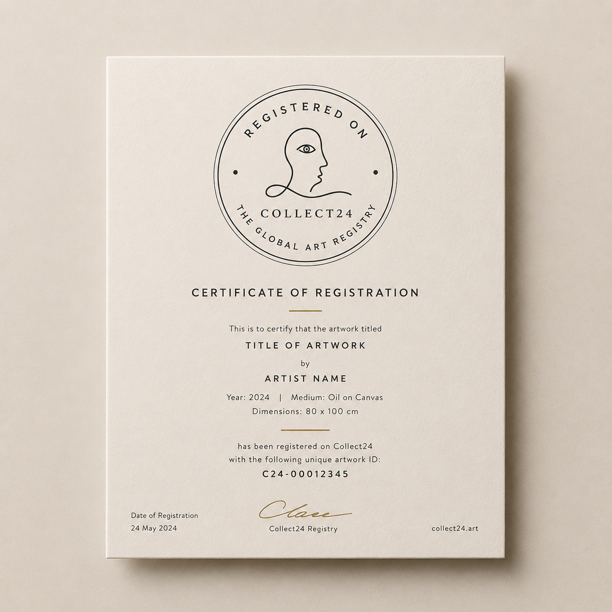 Printed Collect24 Certificate of Registration on a desk