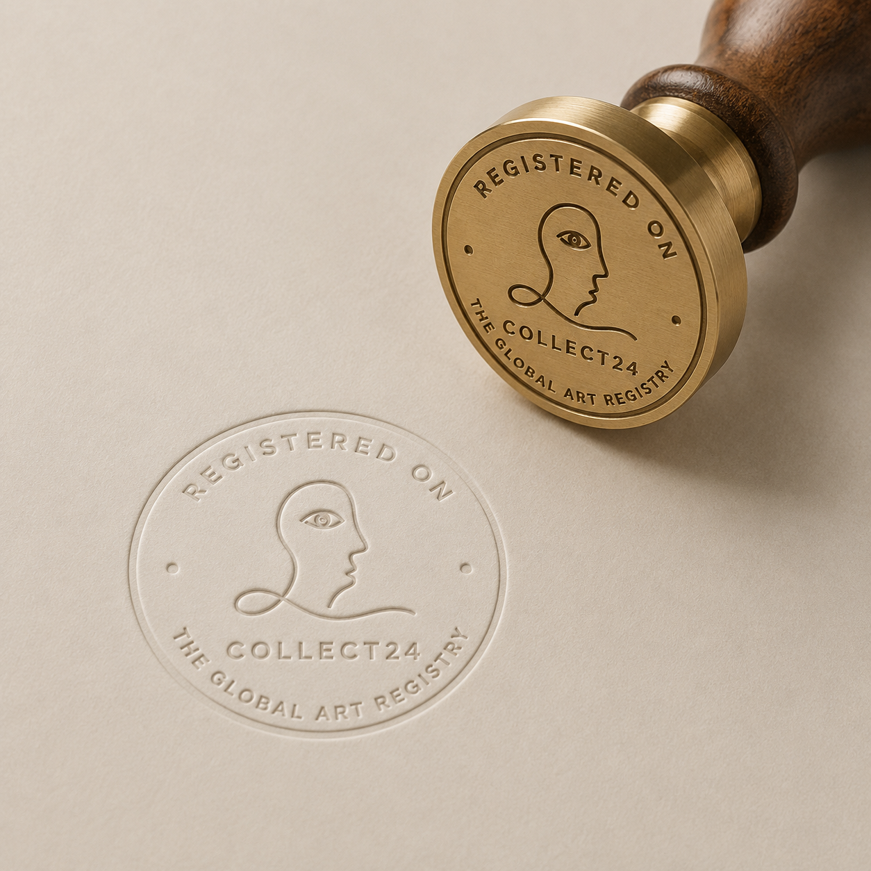Brass Collect24 registry seal beside its blind-embossed impression