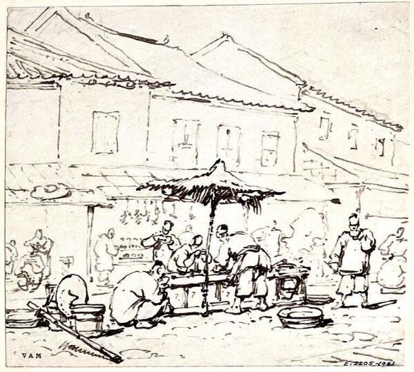 George Chinnery, Figures at a foodstall, Macau, with houses beyond