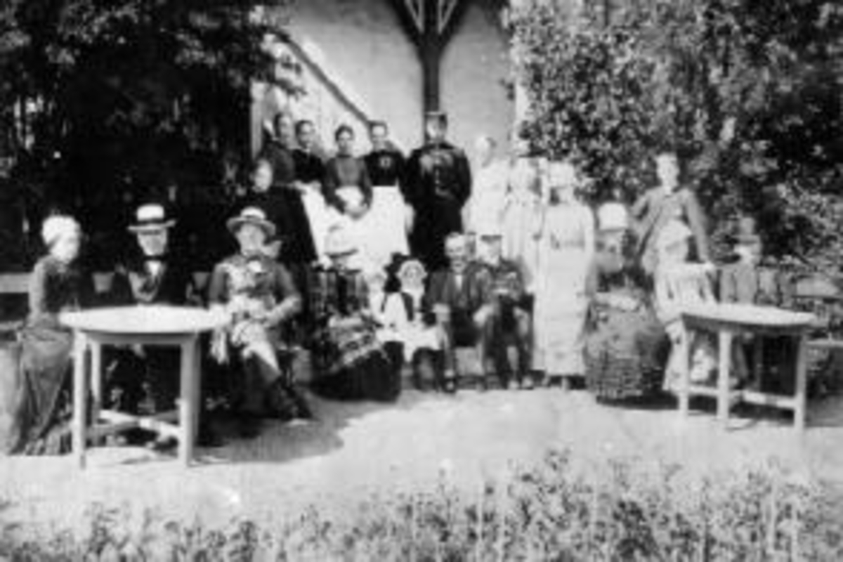 Anno Domkirkeodden, Stor gruppe oppstillt i hagen nedenfor verandaen på Grefsheim, Nes, Hedmark. Første rad fra venstre er Hanna Egeberg, Johan Egeberg, Egeberg, Westye, Sophie Mellby født Munch, Johanne Elisabeth gift med Nils Roede, Julie gift Nissen, Ove Mellbye, Andreas Pihl Mellbye, Sophie Bjurstedt, frøken Keilh…