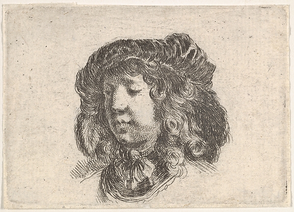 Stefano della Bella, Head of a young man in a cap adorned with a few feathers, turned three-quarters to the left, plate 34 from "Second collection of various doodles and etching proofs" (Second recueil de divers griffonnements et preuves d'eauforte)