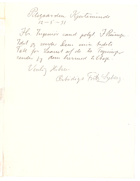 Fritz Syberg, Brev fra Syberg til Ingeniør J. Rump