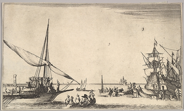 Stefano della Bella, A galley arriving at port to left, several rowboats in center, ships at port to right, from "Set of eight nautical landscapes" (Suite de huit Marines)