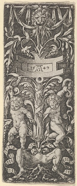 Heinrich Aldegrever, Panel of Ornament with Two Nude Boys Standing on the Legs of a Satyr