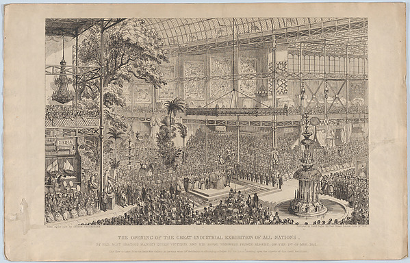 George Cruikshank, The Opening of the Great Industrial Exhibition of All Nations, by Her Most Gracious Majesty Queen Victoria and His Royal Highness Prince Albert, on the 1st of May, 1851: The View is Taken from the South West  Gallery, at the time when the Archbishop is offering up a Prayer for the Divine blessing u…