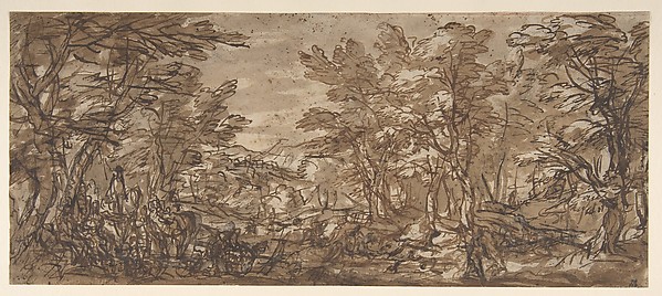 Pier Francesco Mola, Forest Scene, a Halt at the Left, a Hunt at the Center