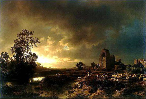 Oswald Achenbach, Landscape : Shepherd with sheeps