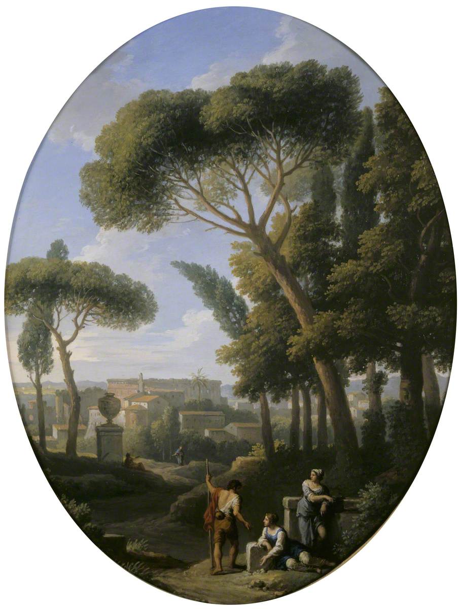 Jan Frans van Bloemen, A Classical Landscape with a Traveller and Two Women conversing, a Town in the Distance