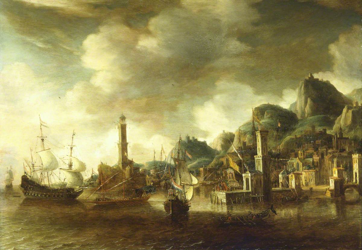Abraham Beerstraaten, A Dutch Flagship and a Fluyt Running into a Mediterranean Harbour