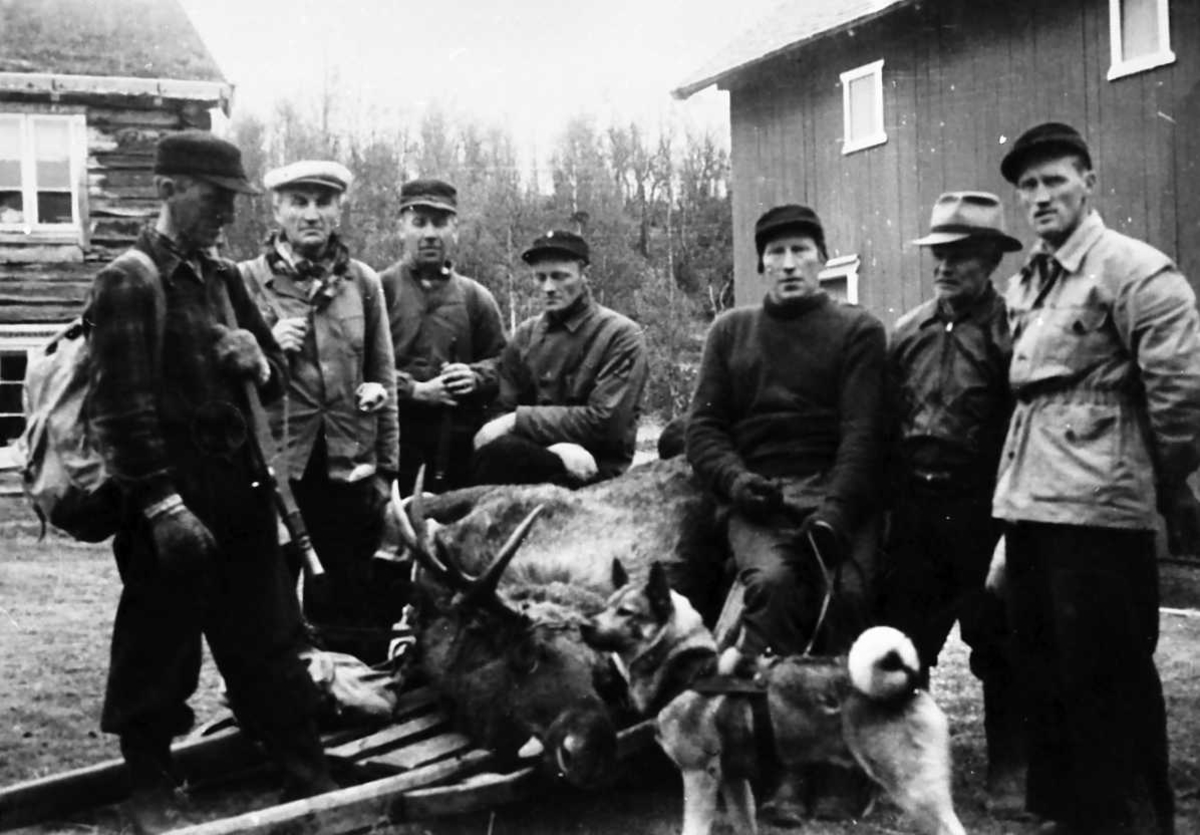 Jo Øvergaard, Repro. Menn som har vært på elgjakt, hund, 2-etg. bygninger.