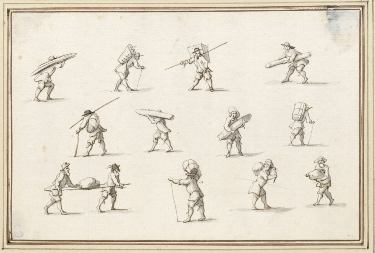 AlbertFlamen, Studienblatt mit zwölf männlichen Figuren, welche Planken, Körbe und Säcke tragen (V-12)