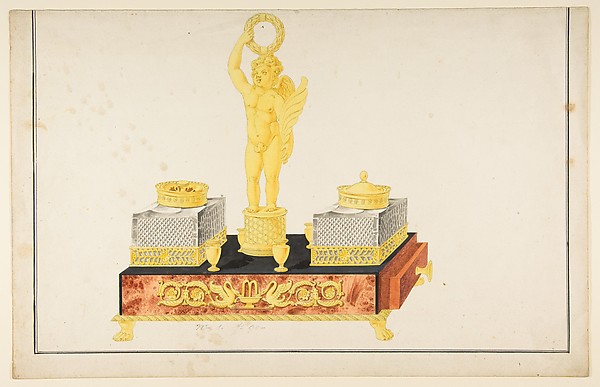 Anonymous, French, 19th century, Design for a Pen and Ink Stand with a Cupid and Two Ink Wells