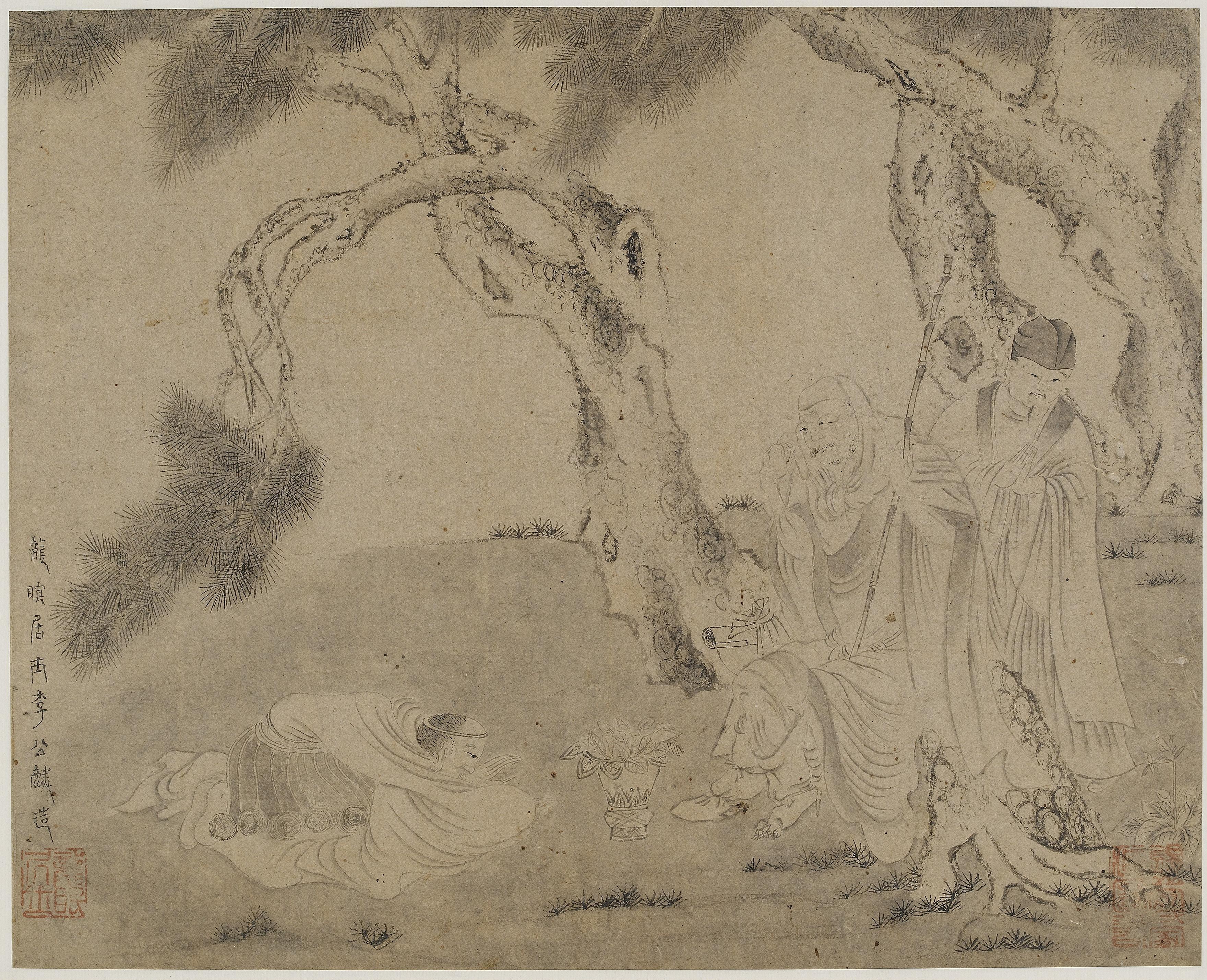 Formerly attributed to Li Gonglin, Luohan, attendant, and worshipper under pines