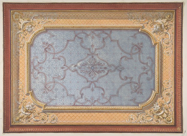 Jules-Edmond-Charles Lachaise, Design for the decoration of a ceiling with urns, swags, and portrait medallions in the four corners