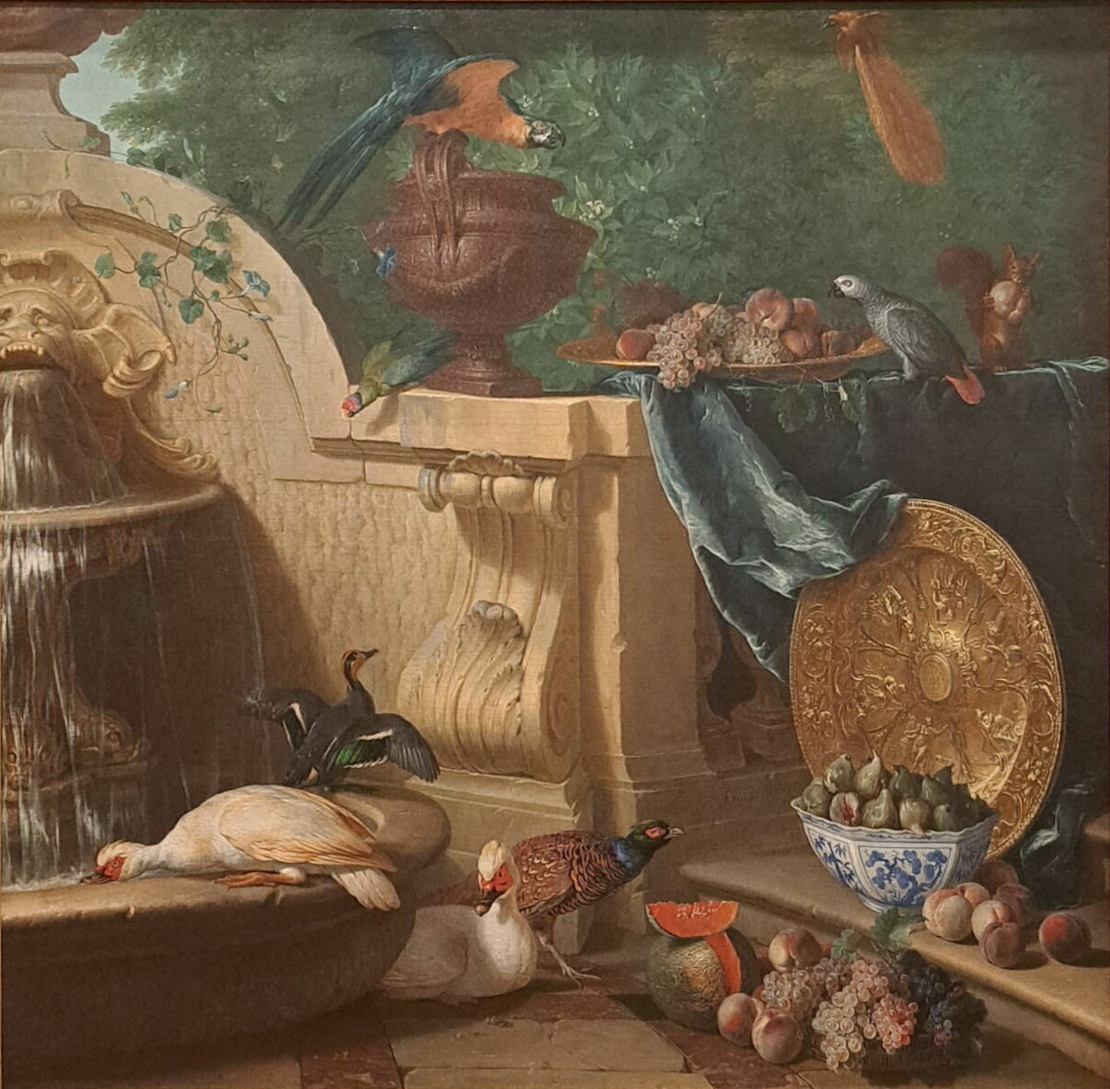 Alexandre-François Desportes, Canard, faisans et fruits près d'une fontaine