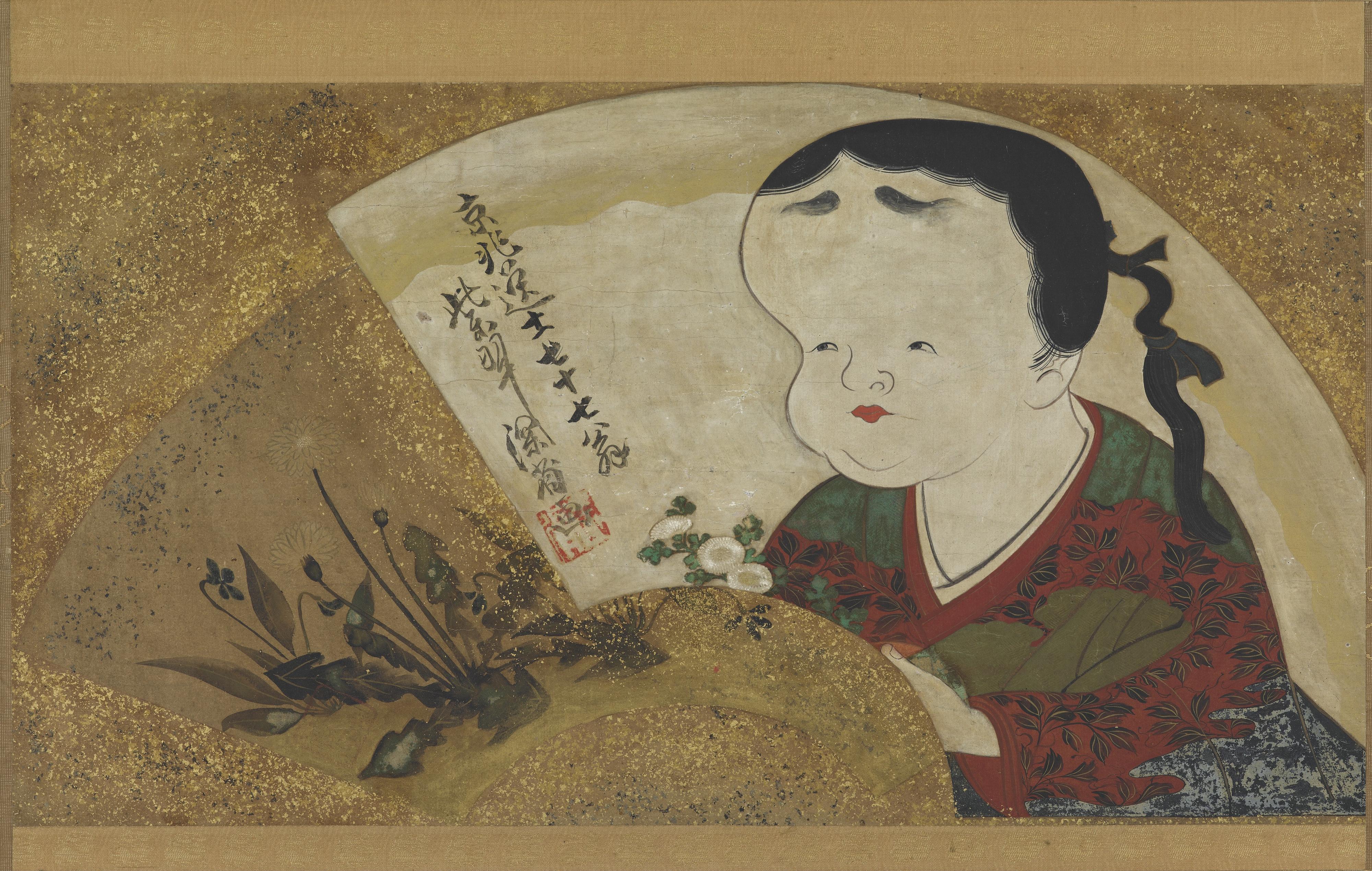 Signature of Ogata Kenzan, Uzume (Okame) and flowers