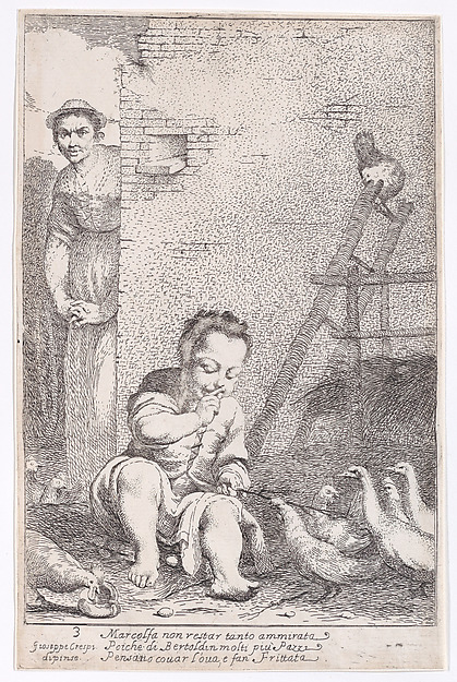 Giuseppe Maria Crespi, Plate 9: Marcolfa finds Bertoldino hatching eggs, from "Bertoldo, Bertoldino, and Cacasenno"