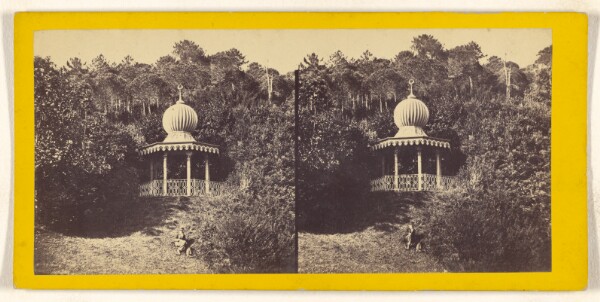 Unknown, [Gazebo with man sitting on hill beneath]