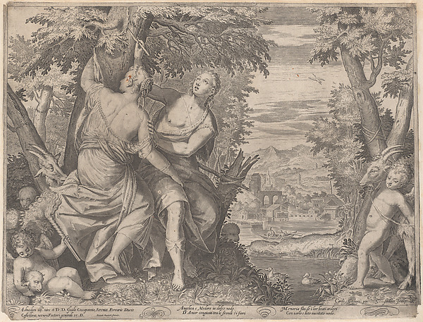 Aegidius Sadeler II, Angelica and Medoro; they stand next to a stream as Medoro carves their names into a tree, a putto is seated at left with a torch and another putto walks towards them with a goat