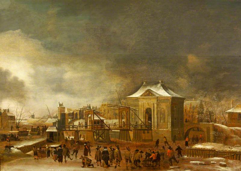 Abraham Beerstraaten, Winter Scene with the Amsterdam City Gate Heiligewegspoort