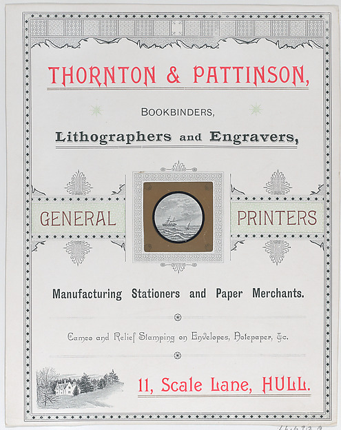 Anonymous, British, 19th century, Trade Card for Thorton & Pattinson, Bookbinders, Lithographers and Engravers