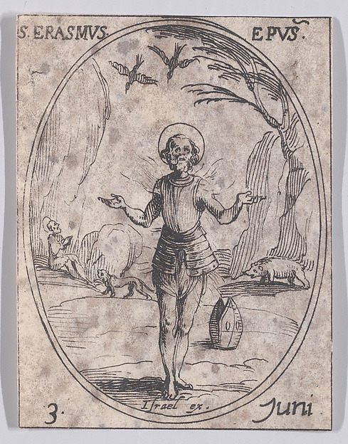 Jacques Callot, S. Erasme, évêque (St. Erasmus, Bishop), June 3rd, from "Les Images De Tous Les Saincts et Saintes de L'Année" (Images of All of the Saints and Religious Events of the Year)