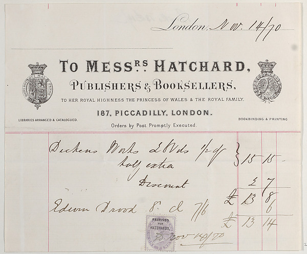 Anonymous, British, 19th century, Trade card for Messrs. Hatchard, publishers and booksellers