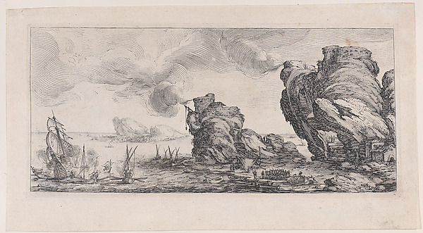 Jacques Callot, Le Combat Naval (The Naval Battle), from "Paysages Gravés pour Jean de Médicis appelées aussi Paysages Dessinés a Florence, Vues de Florence, Paysages d'Italie, et Paysages Définitifs" (Landscapes Engraved for Giovanni de'Medici, Landscapes Designed in Florence, Views of Florence, Landscapes of Ita…