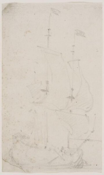 willem van de velde the younger, Rough sketch of a ship before the wind; bow view from starboard