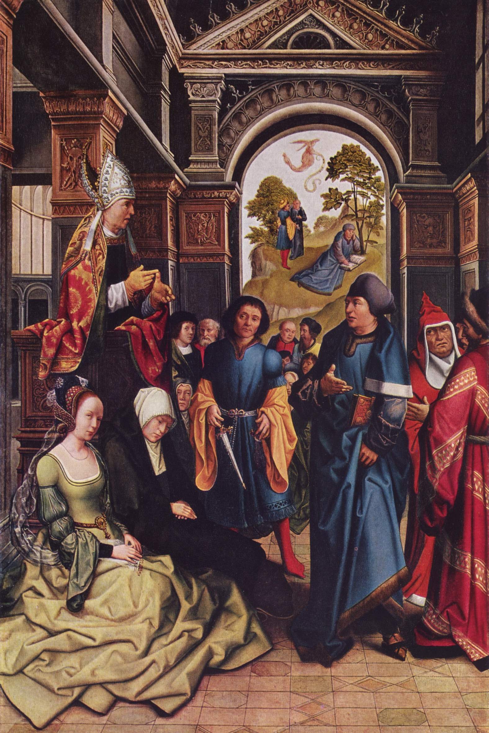 Bernard van Orley, Sermon of St. Ambrose Outside: Two standing holy bishops