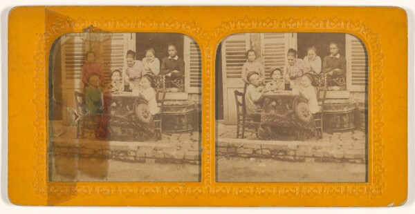 Unknown, [Three children playing at being grown-up; women watching]
