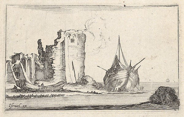 Stefano della Bella, Plate 2: A ship at right and a rowboat at left, washed up on shore, a tower in ruins behind to left, from "Caprice faict par de la Bella"