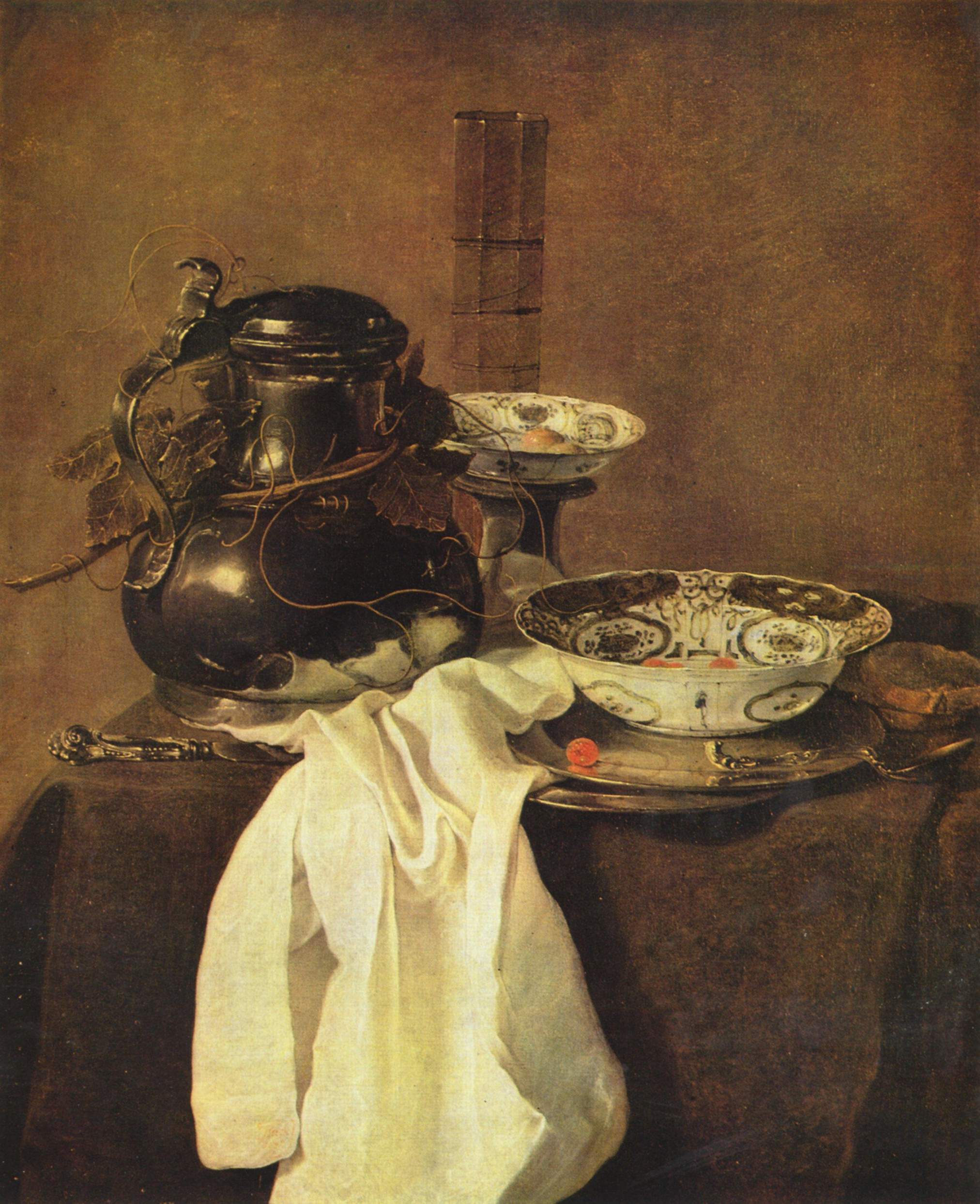 Jan Treck, Still Life with a Pewter Flagon and Two Ming Bowls