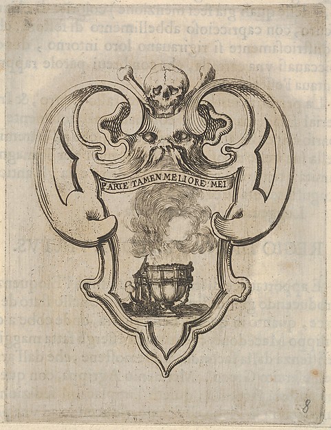 Stefano della Bella, A cartouche with a censer, a skull and crossbones and a grotesque face at top, from "Eight Emblems for the Funeral of Francesco de Medici" (Huit emblèmes pour les funérailles du prince François de Médicis)