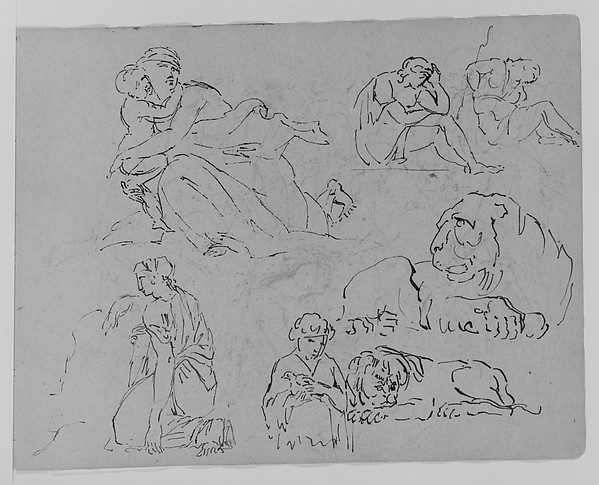Thomas Sully, Five Figure Studies; Two Studies of Lions (from Sketchbook)