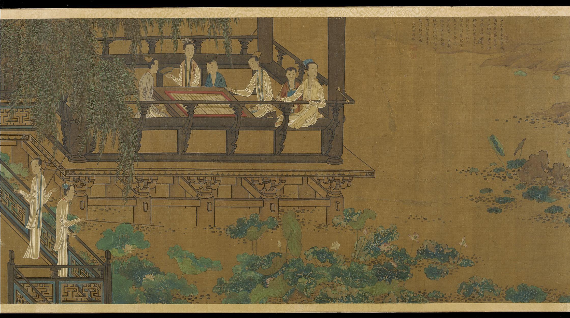 Formerly attributed to Zhou Wenju, Palace ladies by a lotus pond