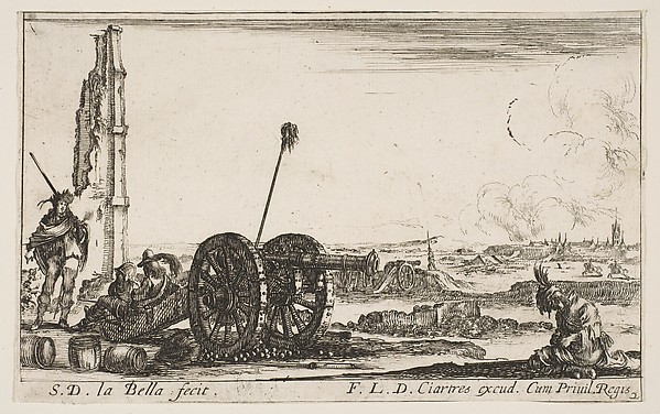Stefano della Bella, A cannon to the left, a town in the background, plate 2 from "Various Military Caprices" (Varii capricci militari)