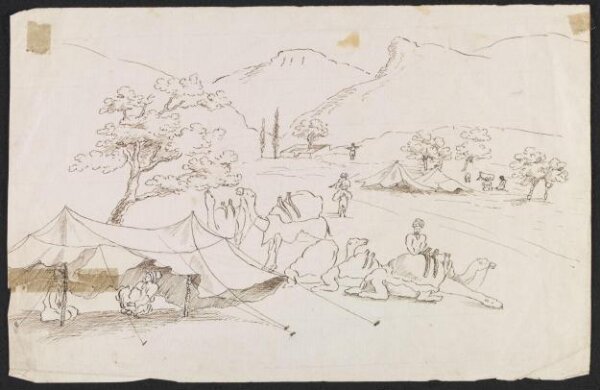Unknown, Encampment in the Hills, with resting camels