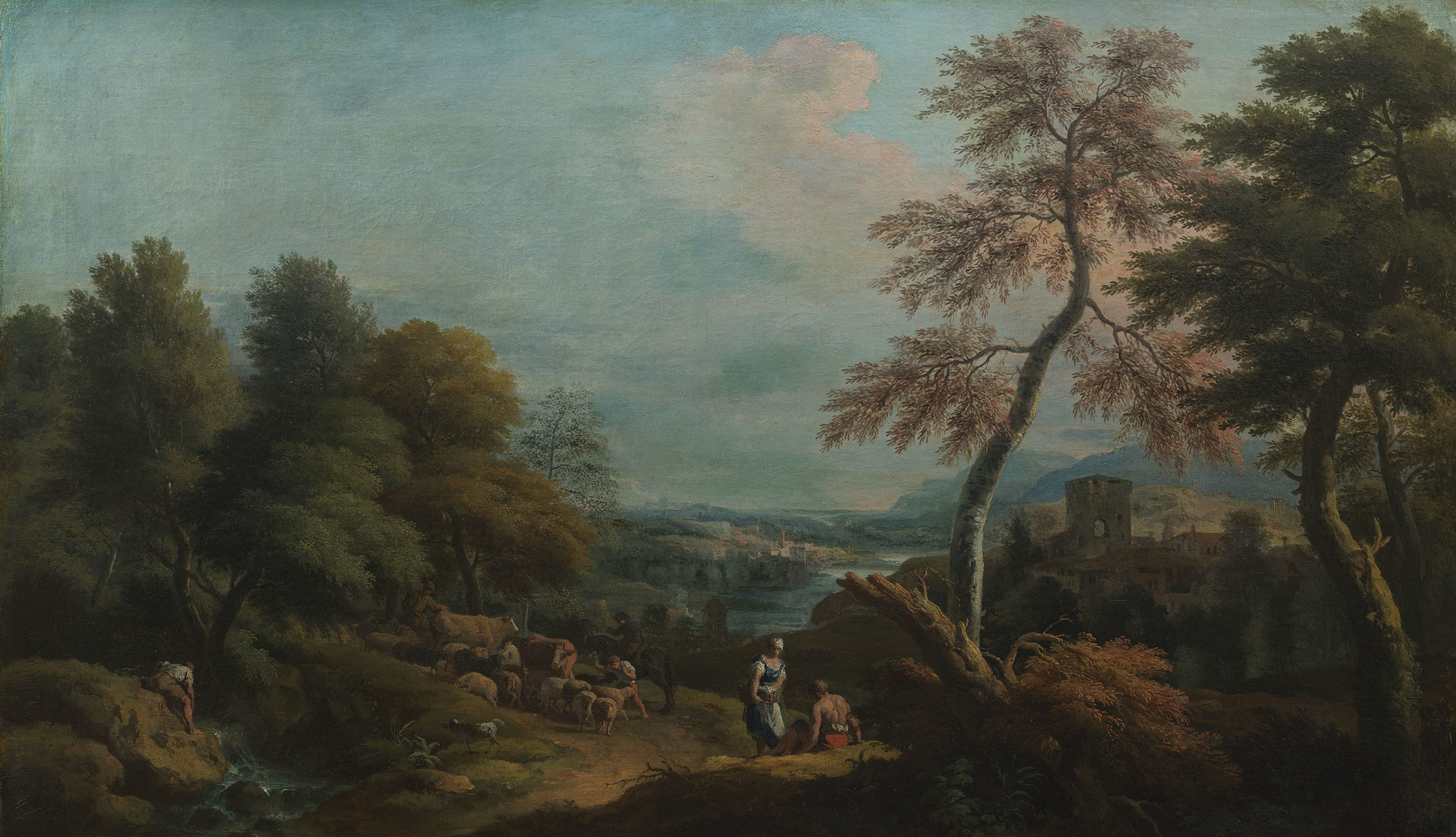 Marco Ricci, Landscape with Cattle and a Woman Speaking to a Seated Man