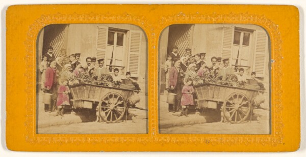 Unknown, [Group of people surrounding a cart of flowers]