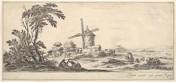 Stefano della Bella, Plate 10: a family in center foreground, various figures and horses in middleground, a windmill in center background, from "Various Landscapes" (Divers Paysages)