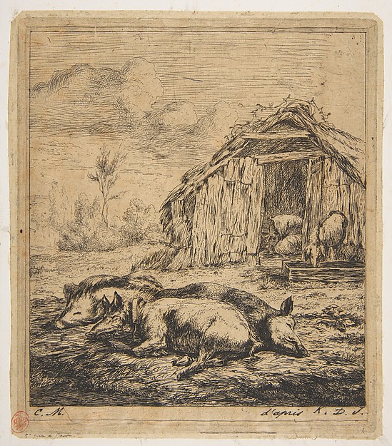 Charles Meryon, Three Pigs Lying in Front of a Shed