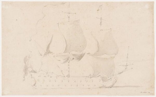 willem van de velde the younger, An English two-decker under sail, broadside view