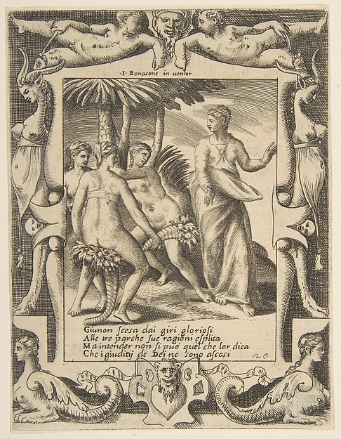 Giulio Bonasone, Juno at the right turning and speaking to the Fates, set within an elaborate frame, from "Loves, Rages and Jealousies of Juno"