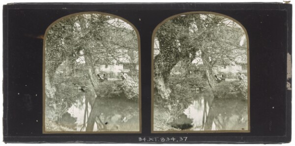 Unknown, [Unidentified British man wearing a top hat reclining, an unidentified woman reading a book near a pond with trees]