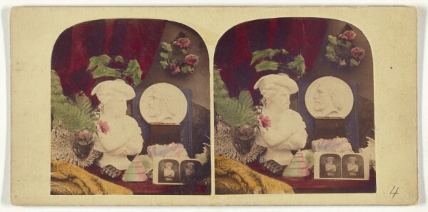 Unknown, [Still life of a bust, stereograph, flowers, and a medallion of Giuseppe (?)]