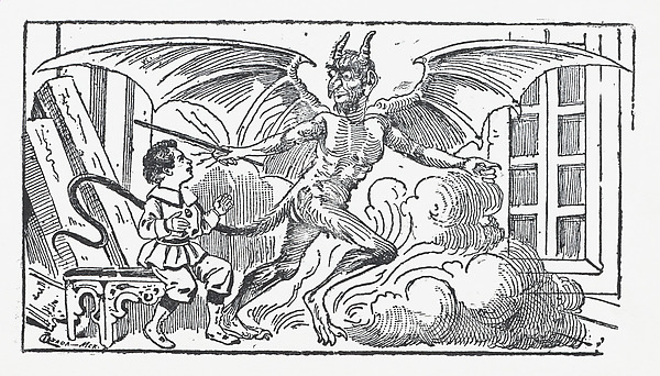 José Guadalupe Posada, A young boy cowering from a demon, illustration from 'El cuento Nniño de los dulces'
