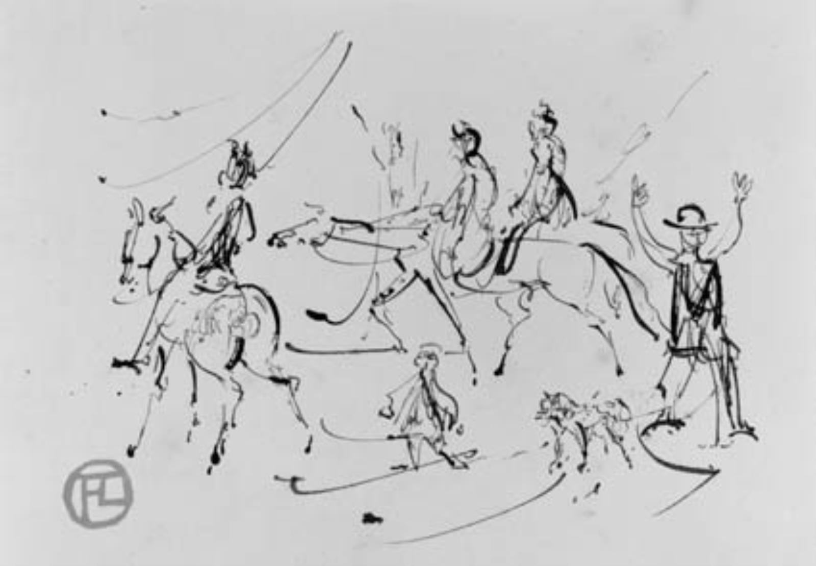 Henri de Toulouse-Lautrec, Skitseblad med tre ryttere, to stående figurer og en hund