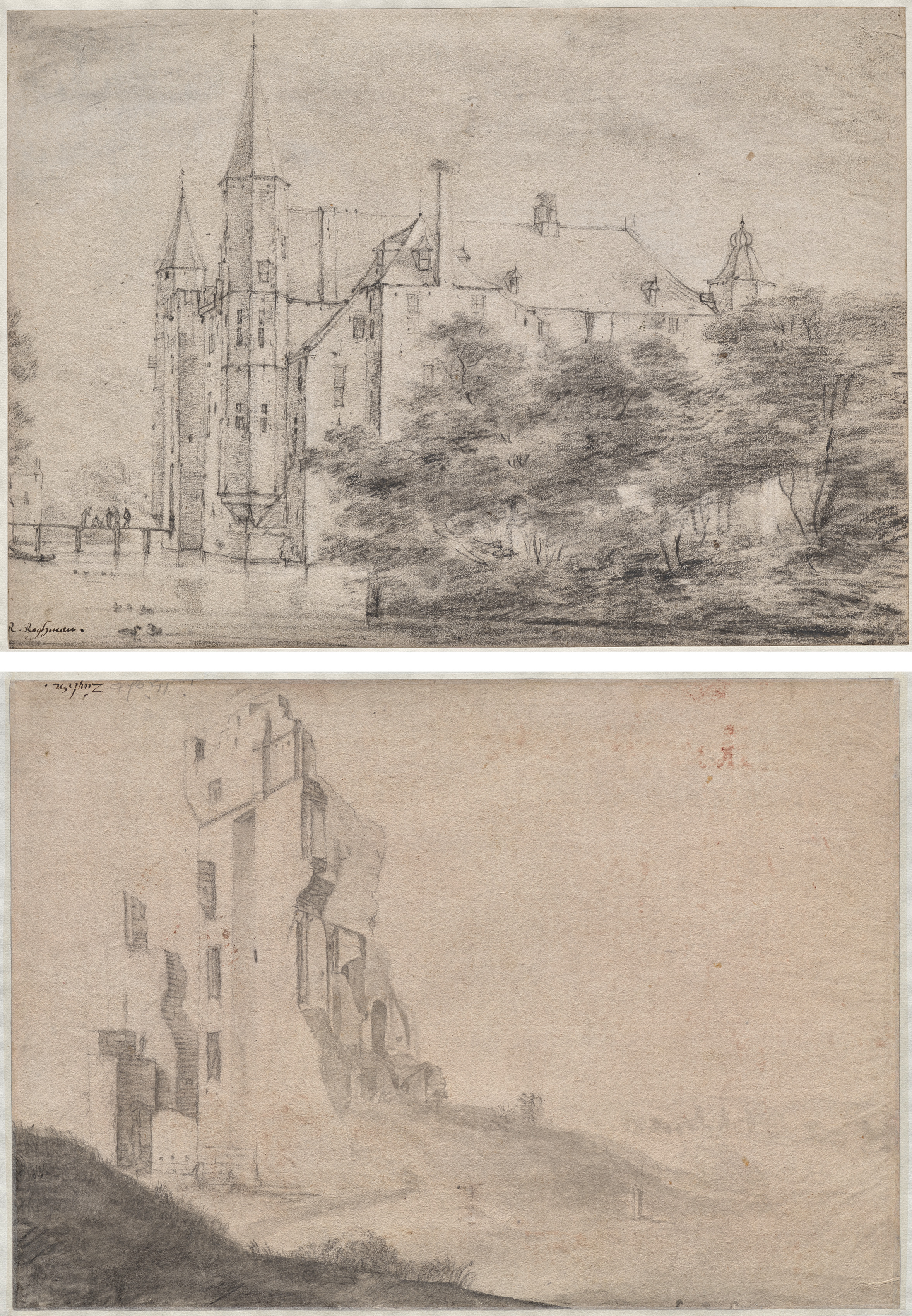 Roelant Roghman, Zuylen Castle, near Utrecht (recto)/Ruin of the huis Ter Kleef, near Haarlem (verso)