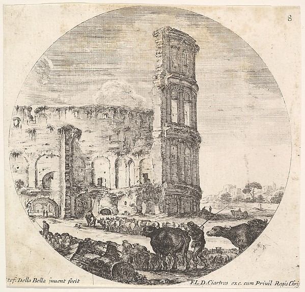 Stefano della Bella, Plate 8: the Colosseum, two herds being directed towards the amphitheater in the foreground, from "Roman landscapes and ruins" (Paysages et ruines de Rome)
